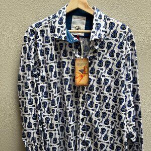 A Fish Named Fred Blue Guitars Long Sleeve Button Down shirt size L